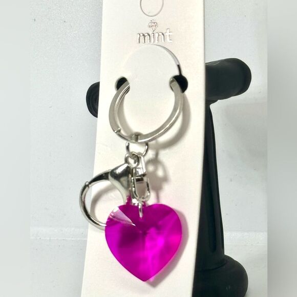 Pink Crystal Heart Keychain Charm -  Silver Accent - Picture 2 of 3